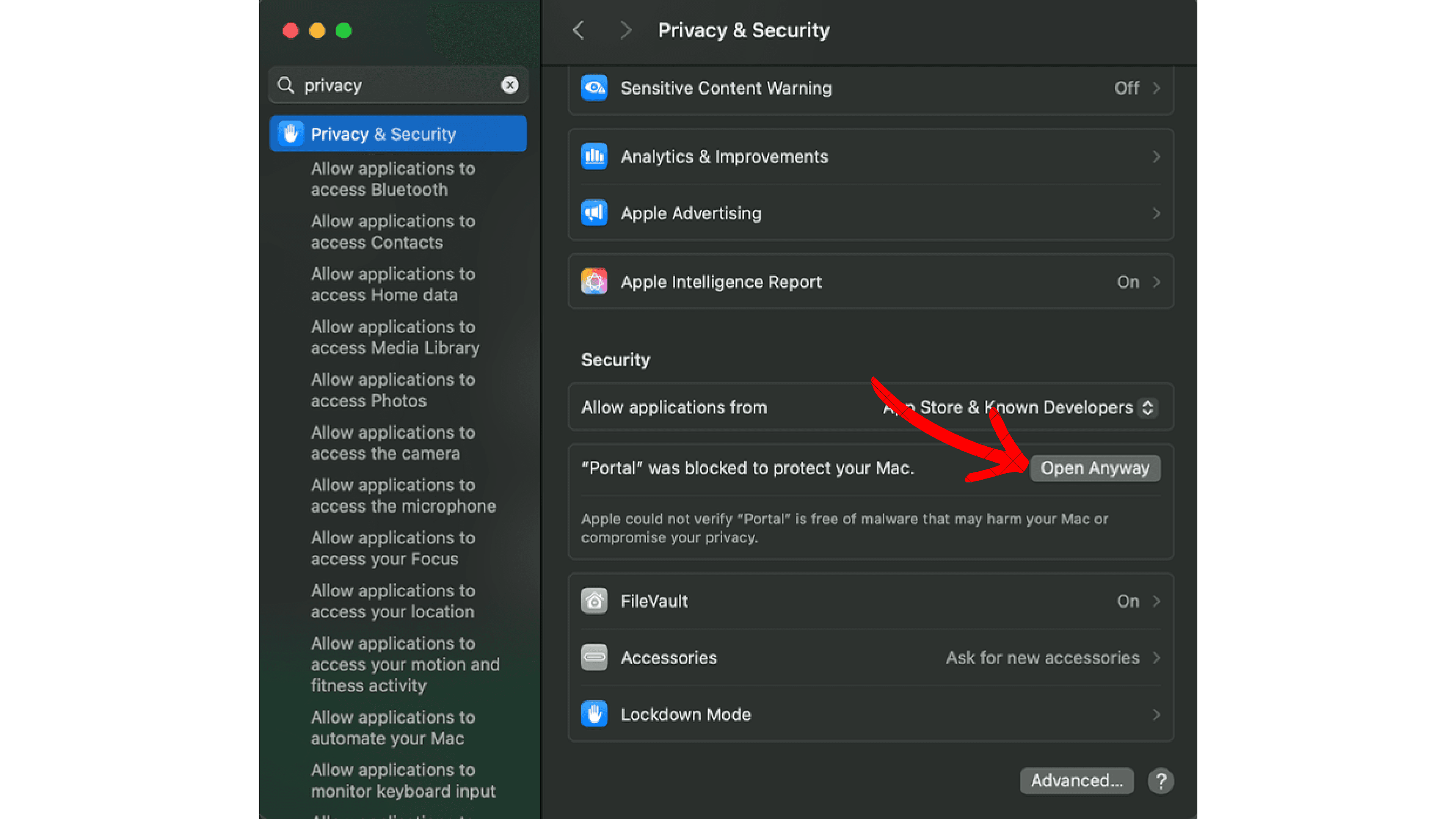 macOS Privacy & Security settings with Open Anyway highlighted