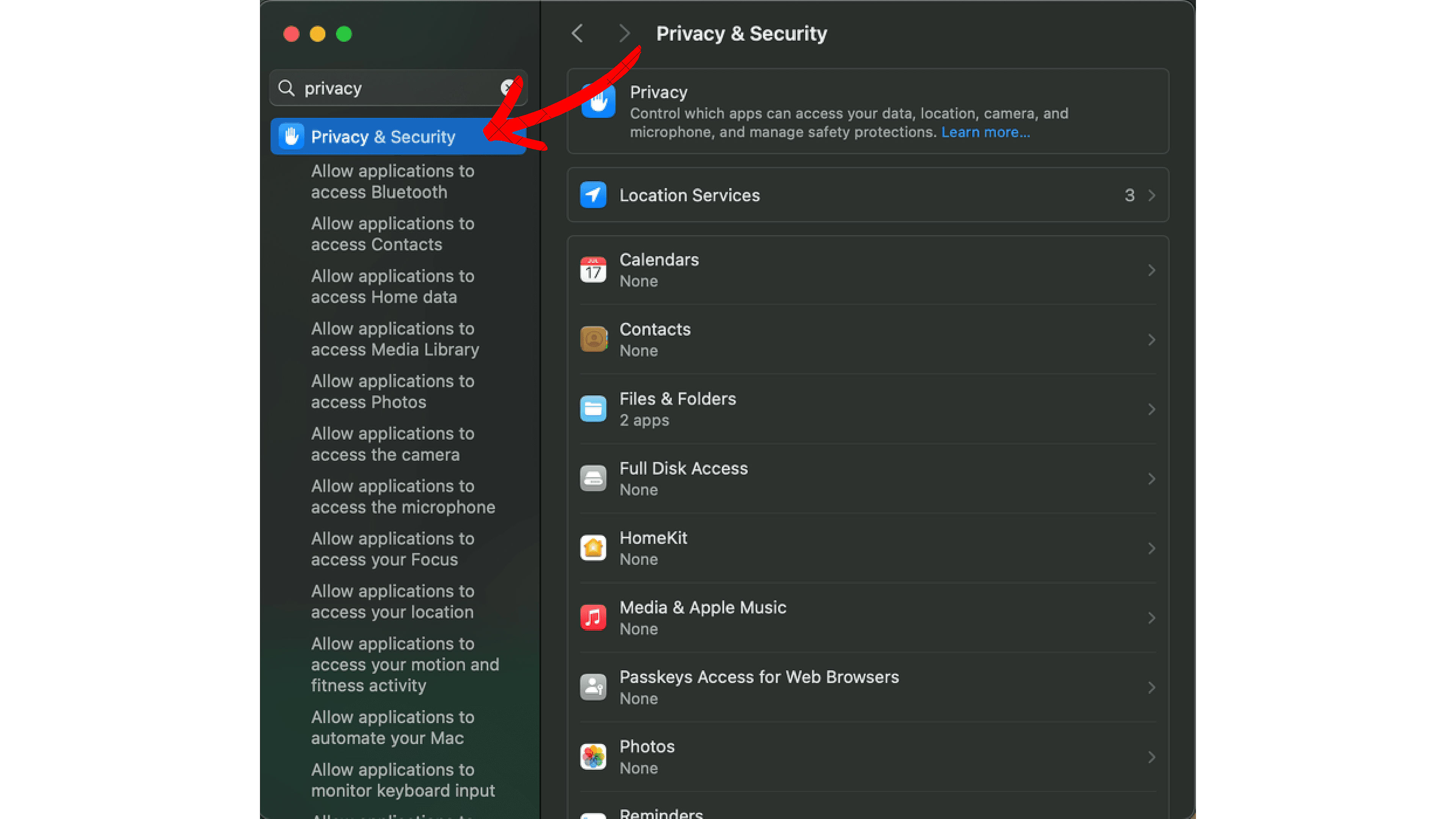 macOS System Settings with Privacy & Security highlighted