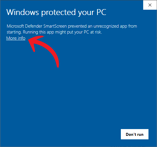 Windows SmartScreen warning with More info highlighted