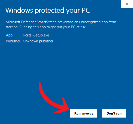 Expanded Windows SmartScreen warning with Run anyway highlighted